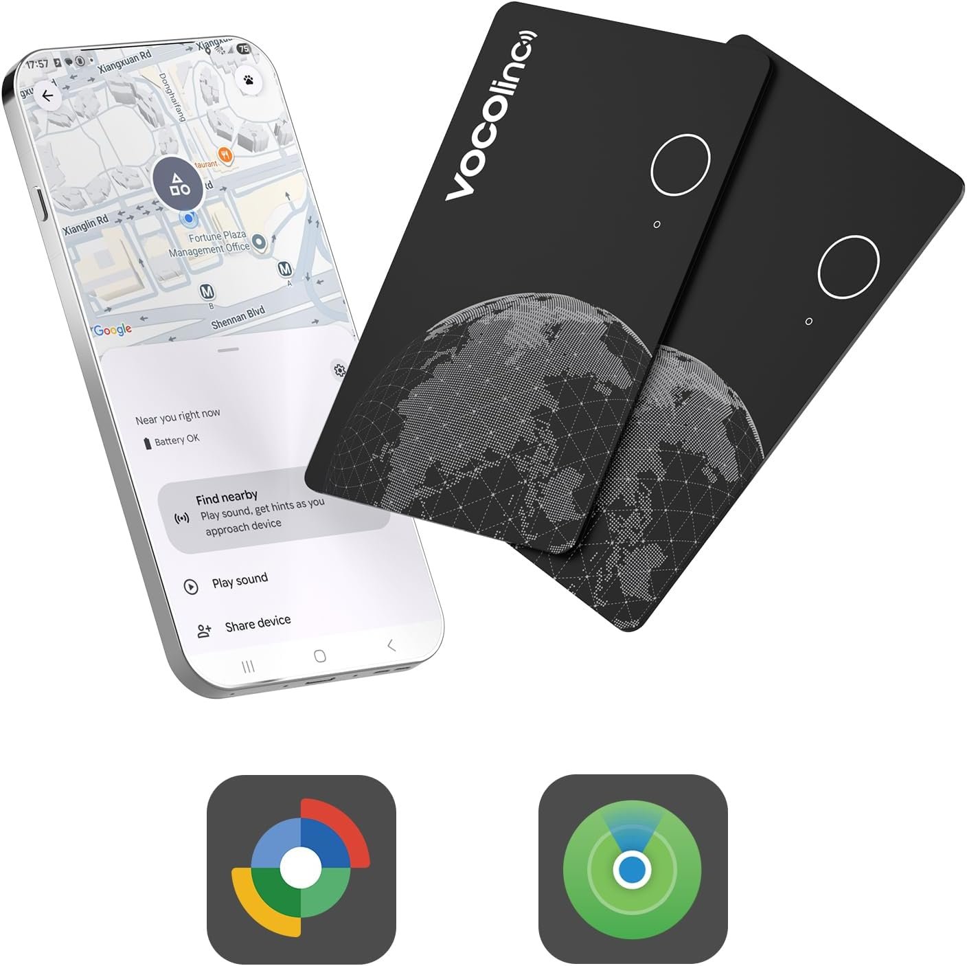 VOCOlinc Air Tag Smart Card for Android & iOS, New Dual System Rechargeable Wallet Tracker Work with Google Find Hub or Apple Find My APP, Item Finder Locator for Luggage, Suitcase. Slim 1.6mm, 2 Pack