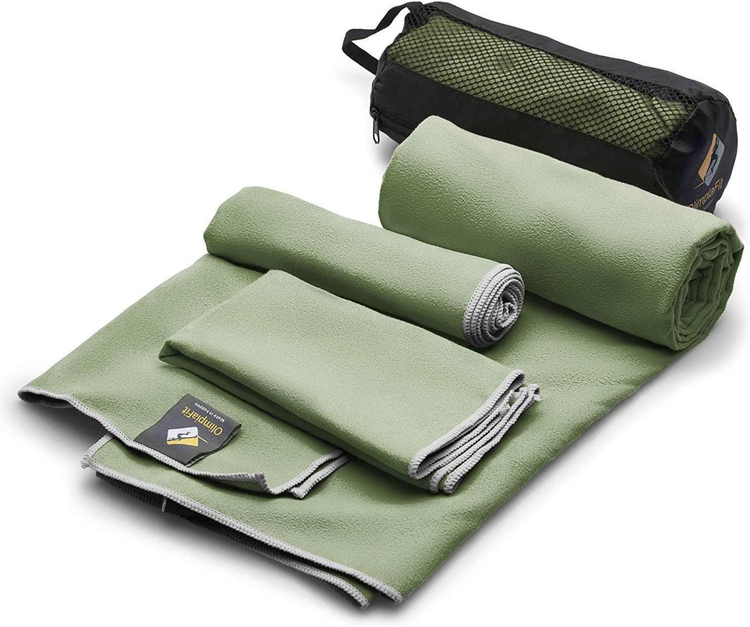 OlimpiaFit Quick Dry Towel – 3 Size Pack of Lightweight Microfiber Travel Towels w/Bag – Fast Drying Towel Set for Camping, Beach, Gym, Backpacking, Sports, Yoga & Swim Use