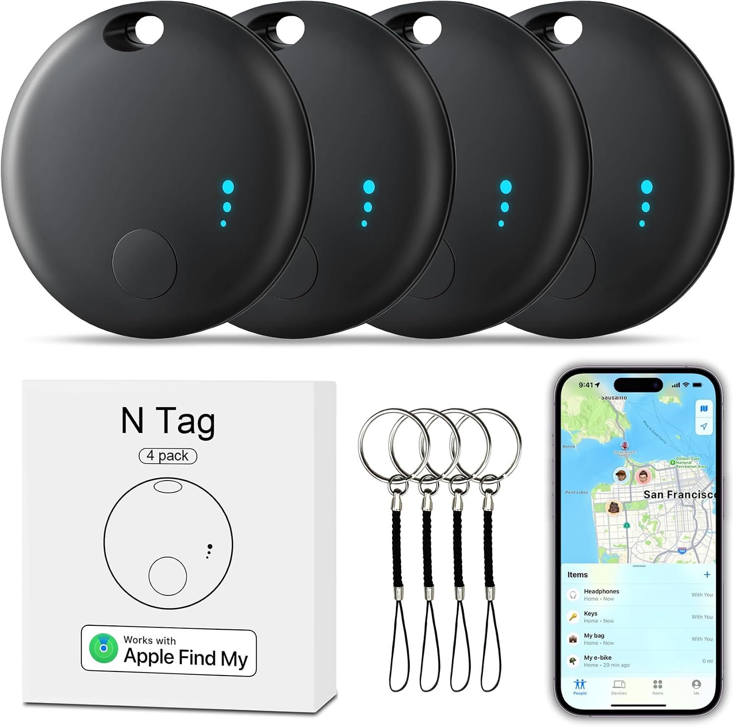 Tracker Tag 4 Packs Bluetooth Tracker, Smart Tag Locator Tracking Device, Keys Finder and Item Locator,Air Tracker Item Finders with Find My(iOS Only) Track Your Keys (Black, 4 Pack)