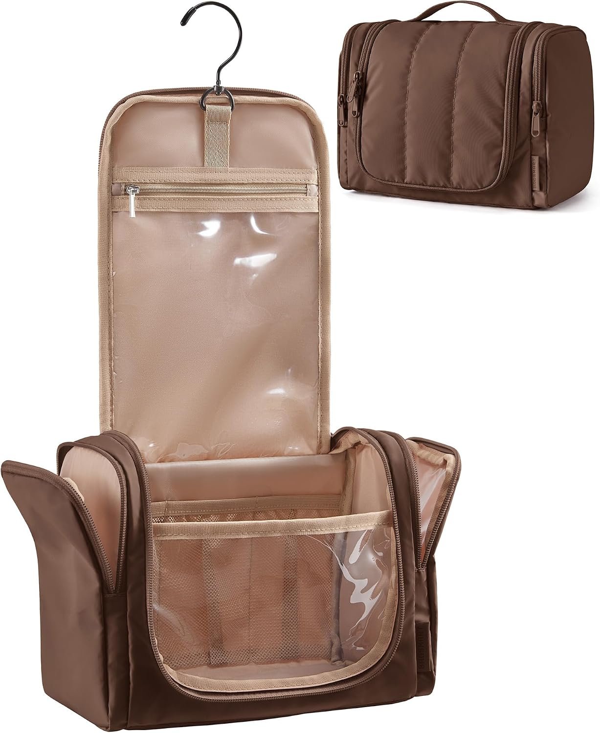 BAGSMART Travel Toiletry Bag for Women, Puffy Hanging Toiletry Bag with Hook, Water-resistant Toiletry Organizer for Full Sized Toiletries (Coffee Brown)