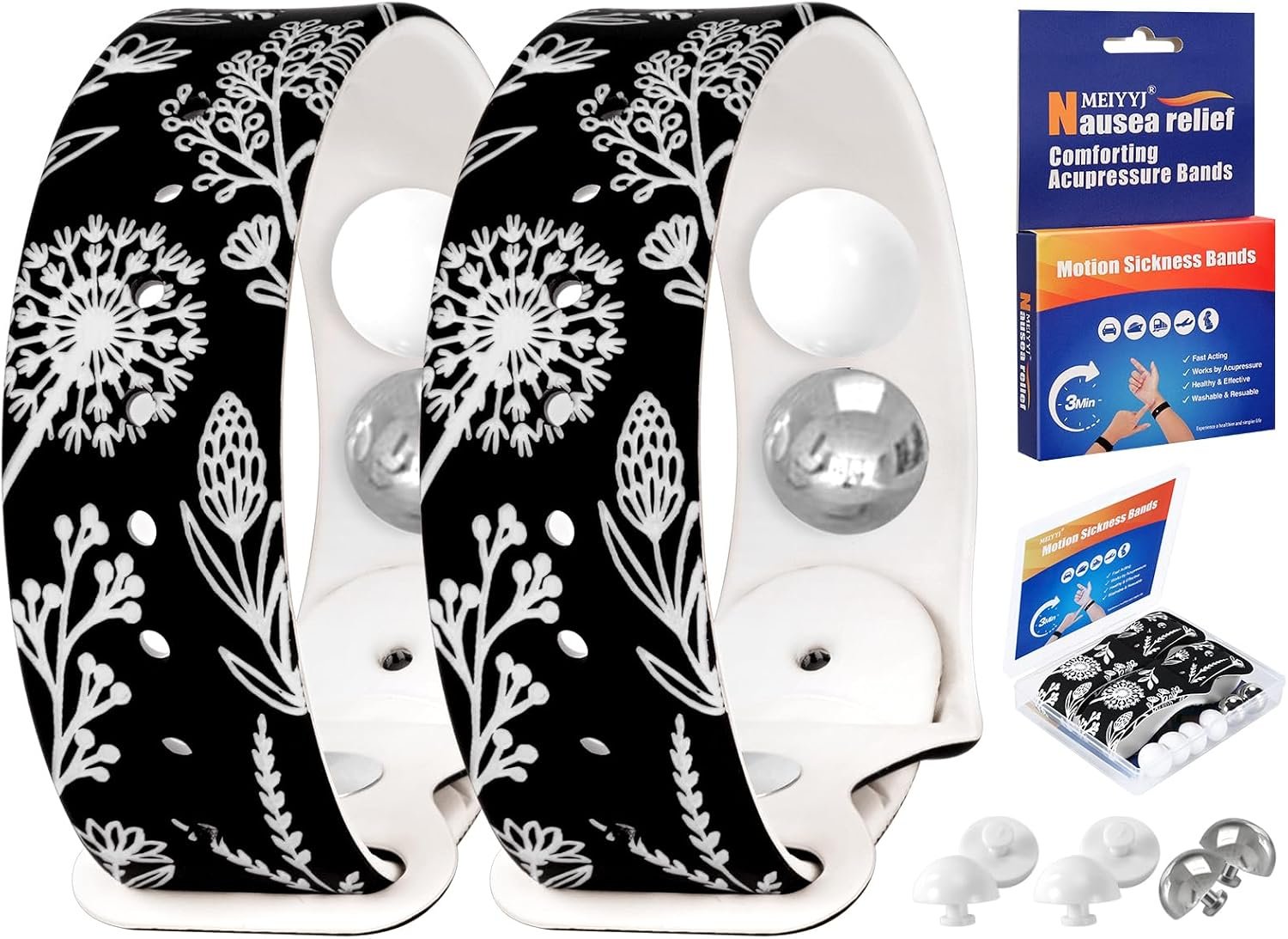 Motion Sickness Bands Anti Nausea Natural Relief Wristbands Adjustable Acupressure Nausea Wristband for Travel Nausea Relief of Headaches, Insomnia, Anxiety,Morning Sickness- Black/White