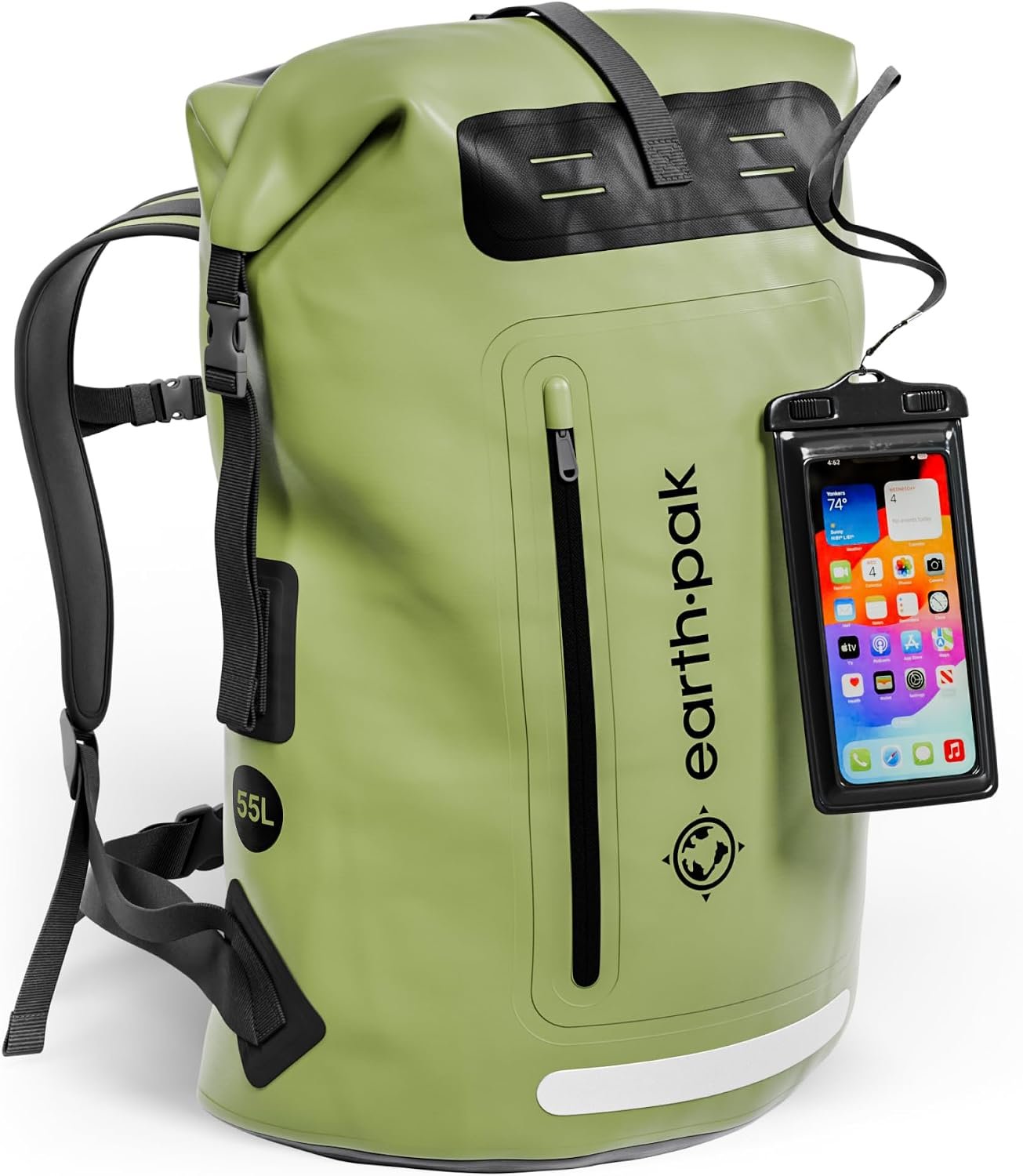 Earth Pak Waterproof Backpack – Heavy Duty Hiking Backpack – Roll-Top Closure Bag – Cushioned Dry Bag Waterproof Phone Case
