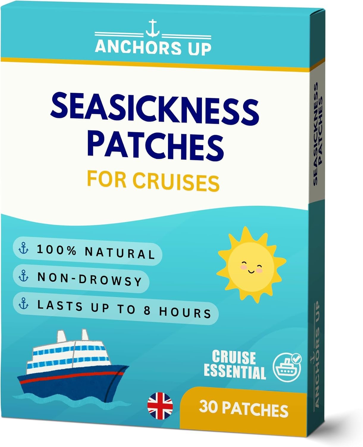 Seasickness Patches for Cruises [30-Pack] – Treats Motion and Sea Sickness – Non-Drowsy – 100% Natural – Fast Relief – Long-Lasting – Cruise Essential by AnchorsUp