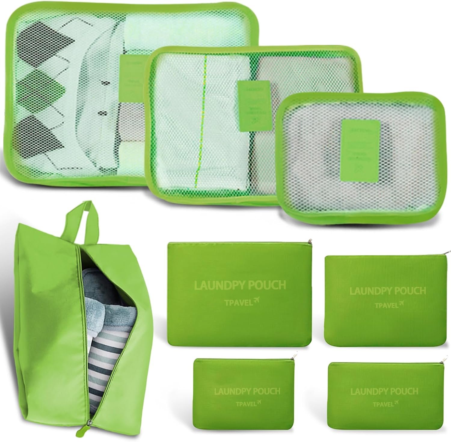 8 Set Packing Cubes for Travel Luggage Packing Bags Reusable Waterproof Suitcase Organizer Cubes Set with Shoe Bag and Toiletry Bag (Green)