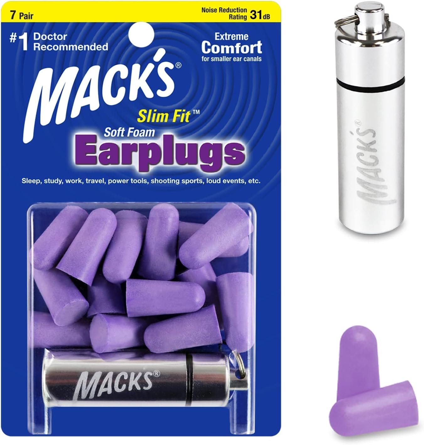 Mack’s Slim Fit Soft Foam Earplugs, 7 Pair with Travel Case – Small Ear Plugs for Sleeping, Snoring, Traveling, Concerts, Shooting Sports and Power Tools | Made in USA