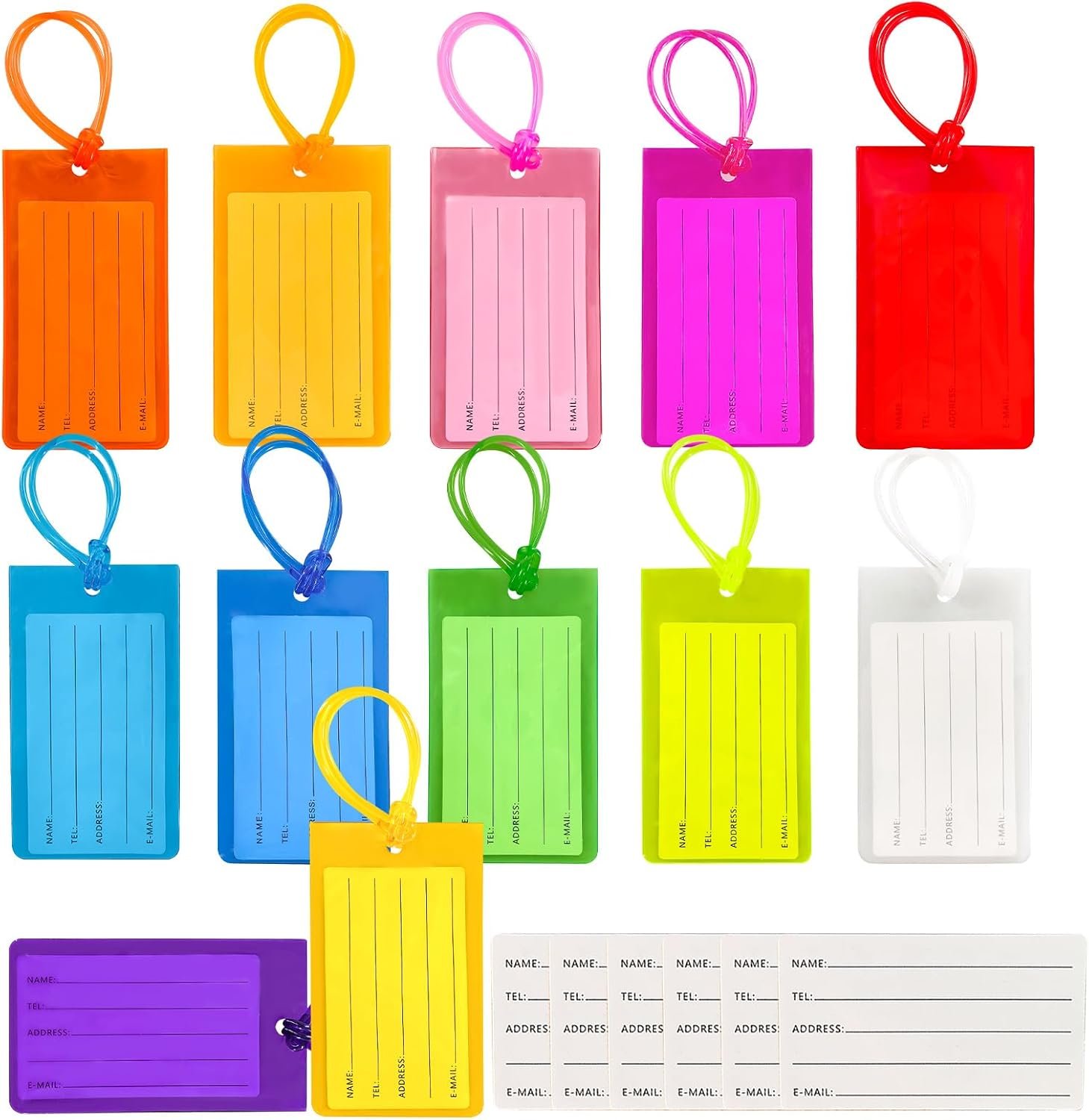Mziart 12 Pack Luggage Tags for Suitcases, PVC Travel Luggage Tag Cruise Bag Tags for Luggage Identifiers Colorful Baggage Name ID Labels with Loops & 6 Additional Cards