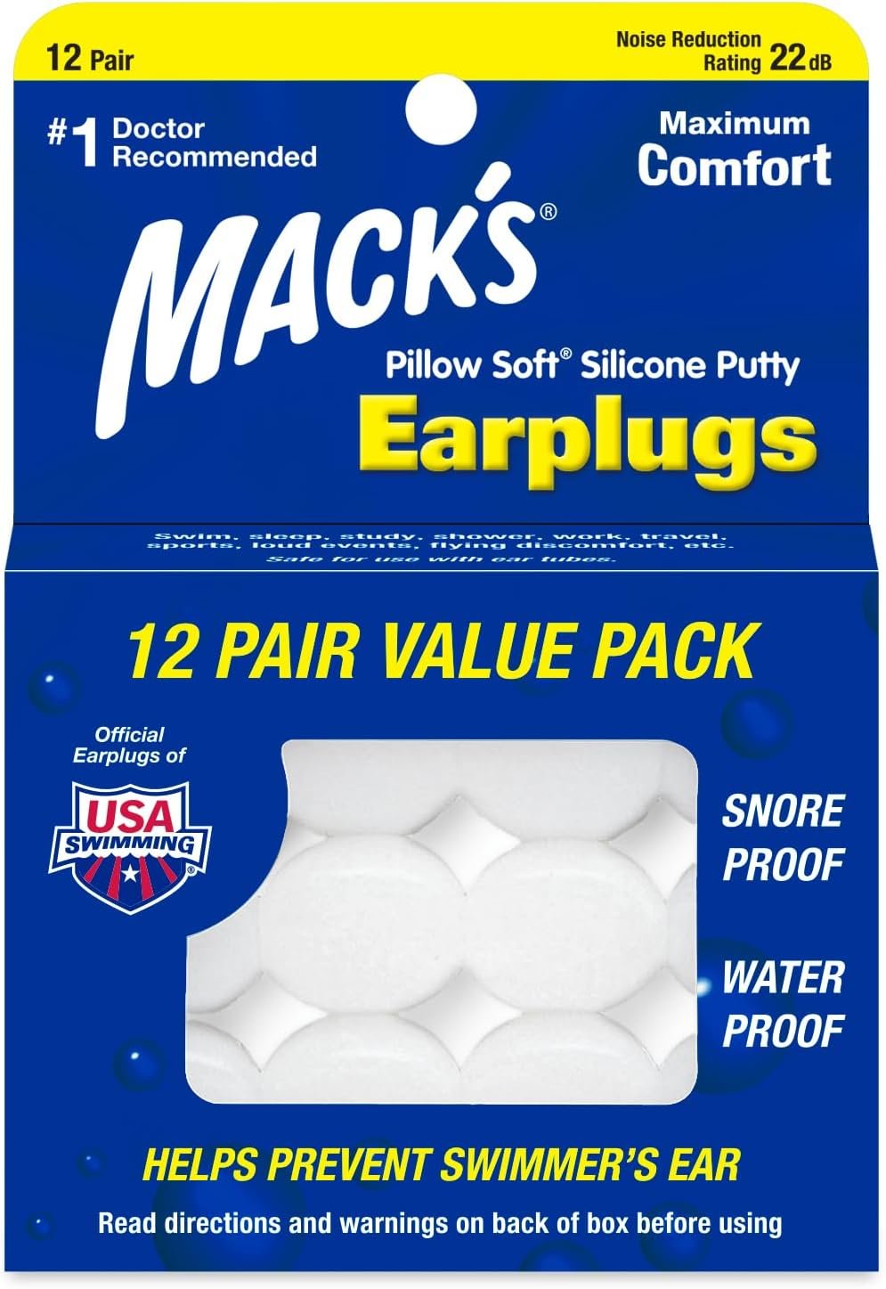 Mack’s Pillow Soft Silicone Earplugs, 12 Pair – The Original Moldable Silicone Putty Ear Plugs for Sleeping, Snoring, Swimming, Travel, Concerts and Studying | Made in USA