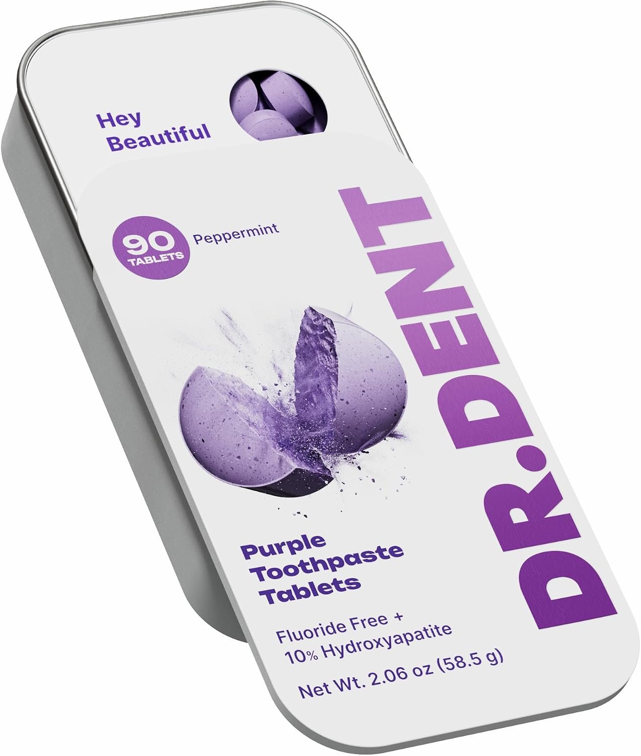DR.DENT Purple Toothpaste Tablets with 10% Hydroxyapatite, Pap & Xylitol, Color-Correcting *Whitening Formula, Fluoride-Free, SLS-Free, Vegan, 45-Day Supply (90 Chewable Tablets)