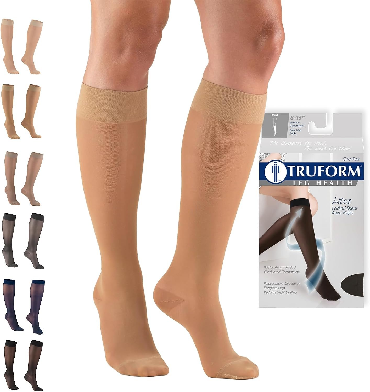 Truform Sheer Compression Stockings, 8-15 mmHg, Women’s Knee High Length, 20 Denier