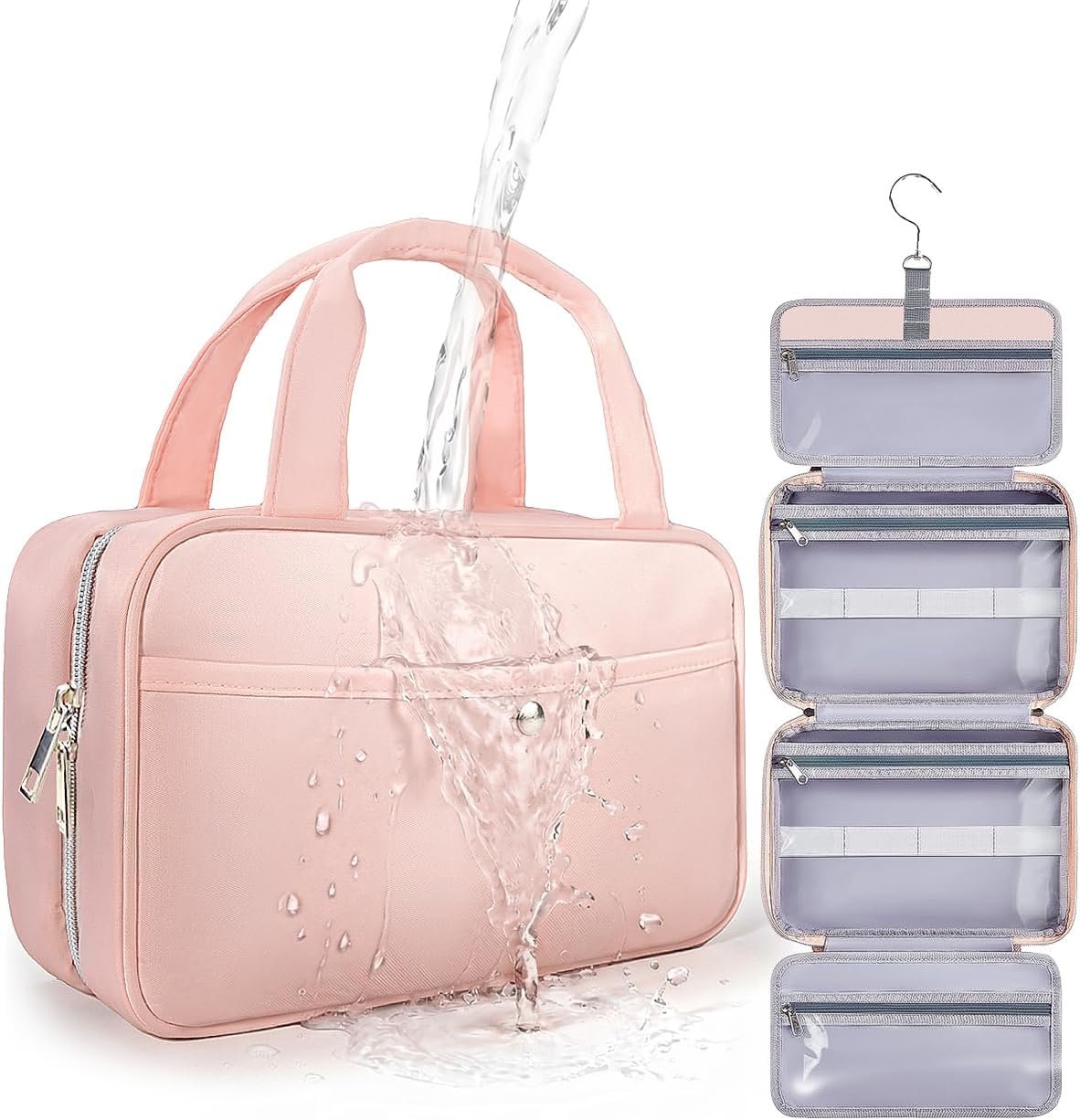 Travel Hanging Toiletry Bag for Women – Waterproof Cosmetic Organizer with Clear Window, Lightweight Bathroom Bags for Essentials, Makeup, Shampoo, Toiletries Pink, Medium