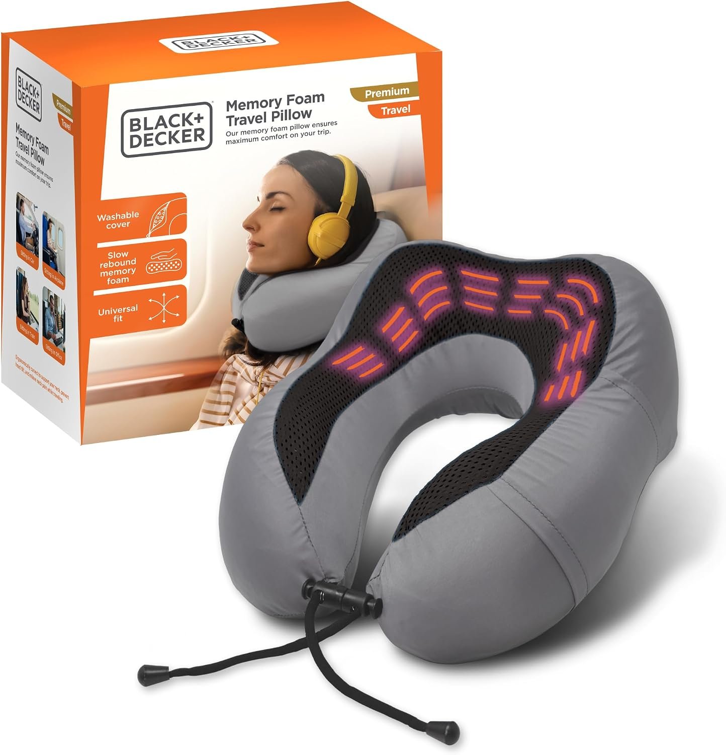 BLACK+DECKER Cooling Gel Memory Foam Neck Pillow – Travel Pillow for Plane, Car & Train – Ergonomic Neck Support, Slow Rebound Memory Foam, Washable Cover, Universal Fit, Grey