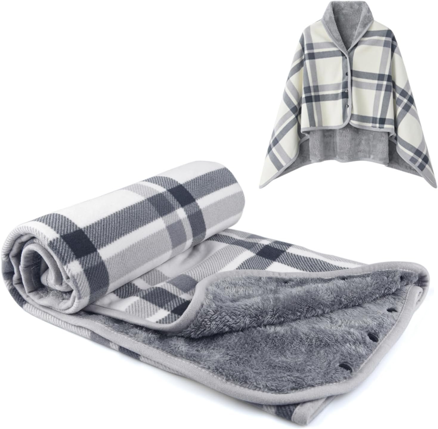 forestfish Fleece Wearable Blanket Oversized, Comfy Lightweight Lap Blanket Poncho Throw With Buttons, 63“x 55” (Grey-white, Medium(55”x39”))