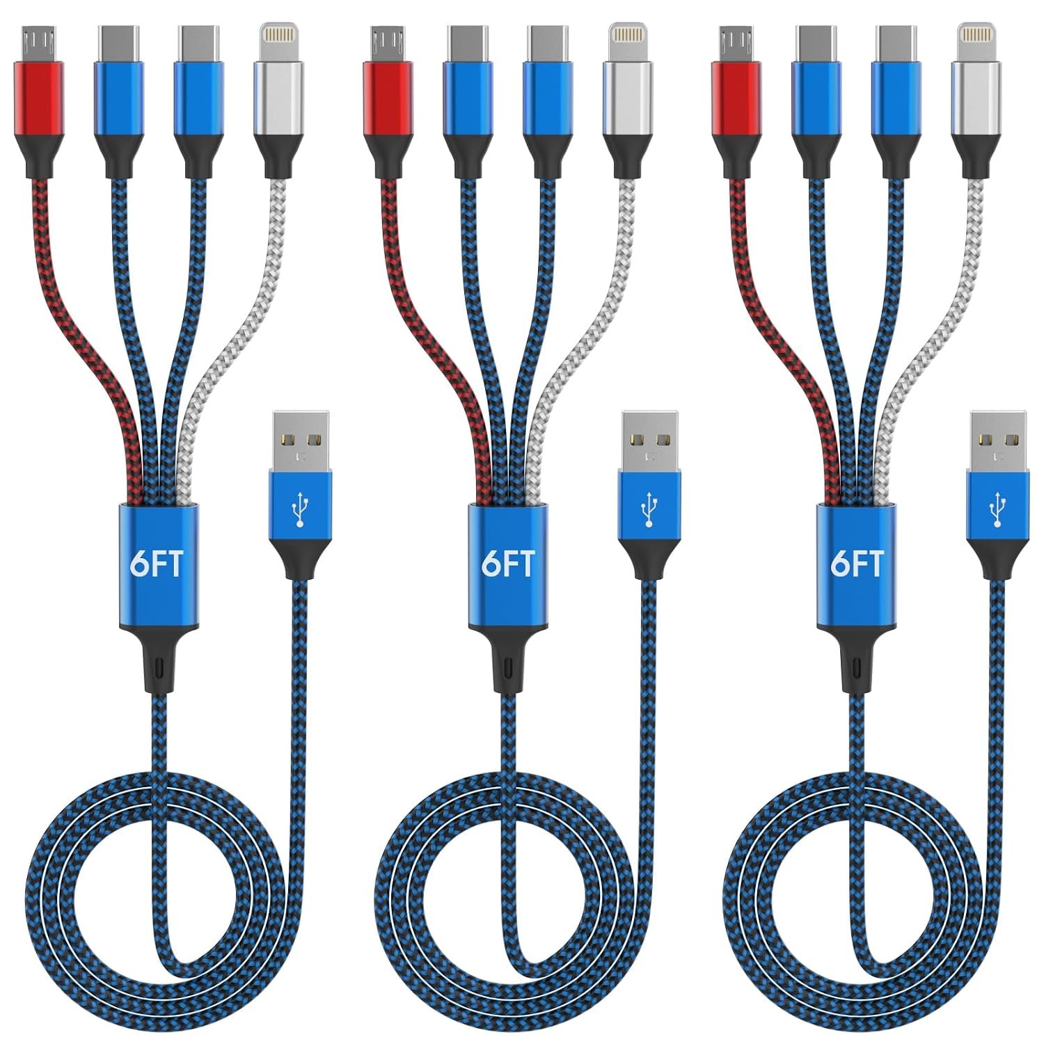 4-in-1 Multi Charging Cable (3-Pack, 6FT) – Dual USB-C, Lightning, Micro