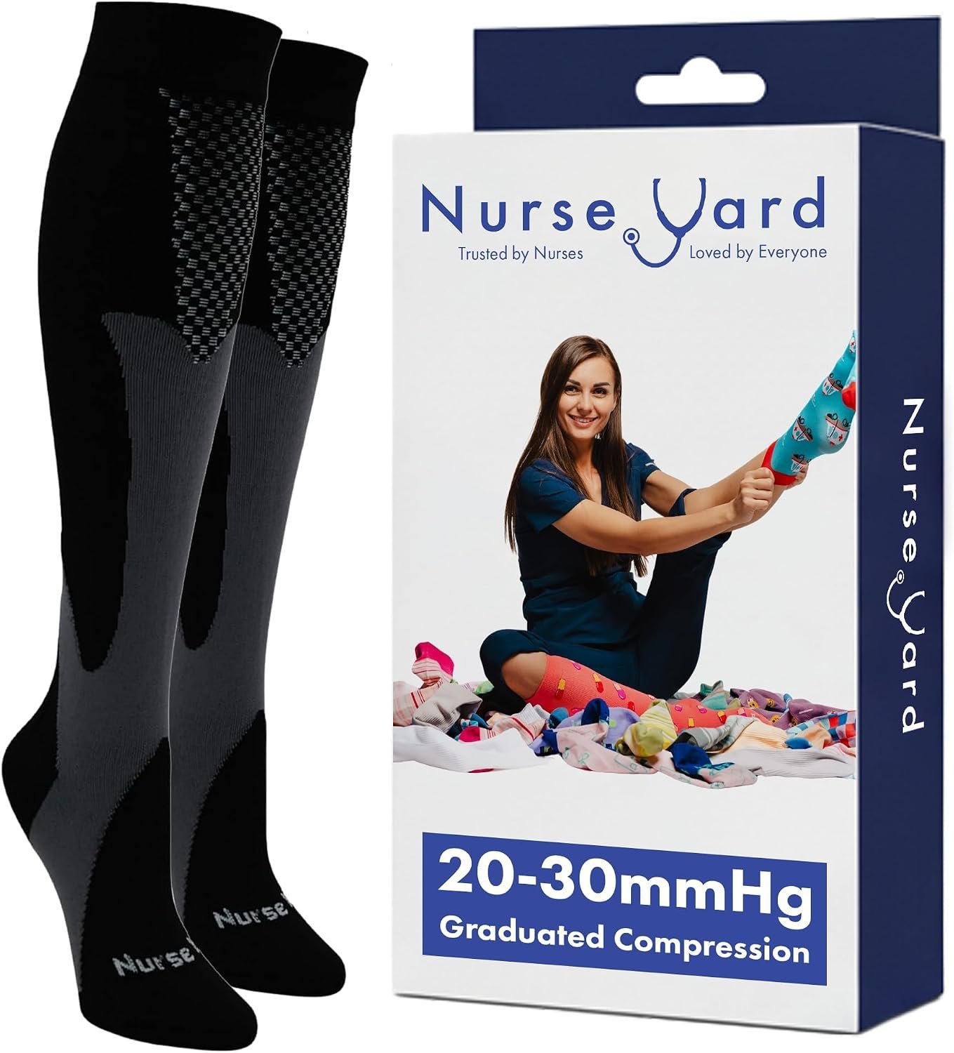 Nurse Yard Compression Socks for Women and Men | 20-30mmHg Graduated Medical Compression Socks for Nurses | Travel and Flying | Athletic Support for Running, Best Compression Socks | 1 Pair Black