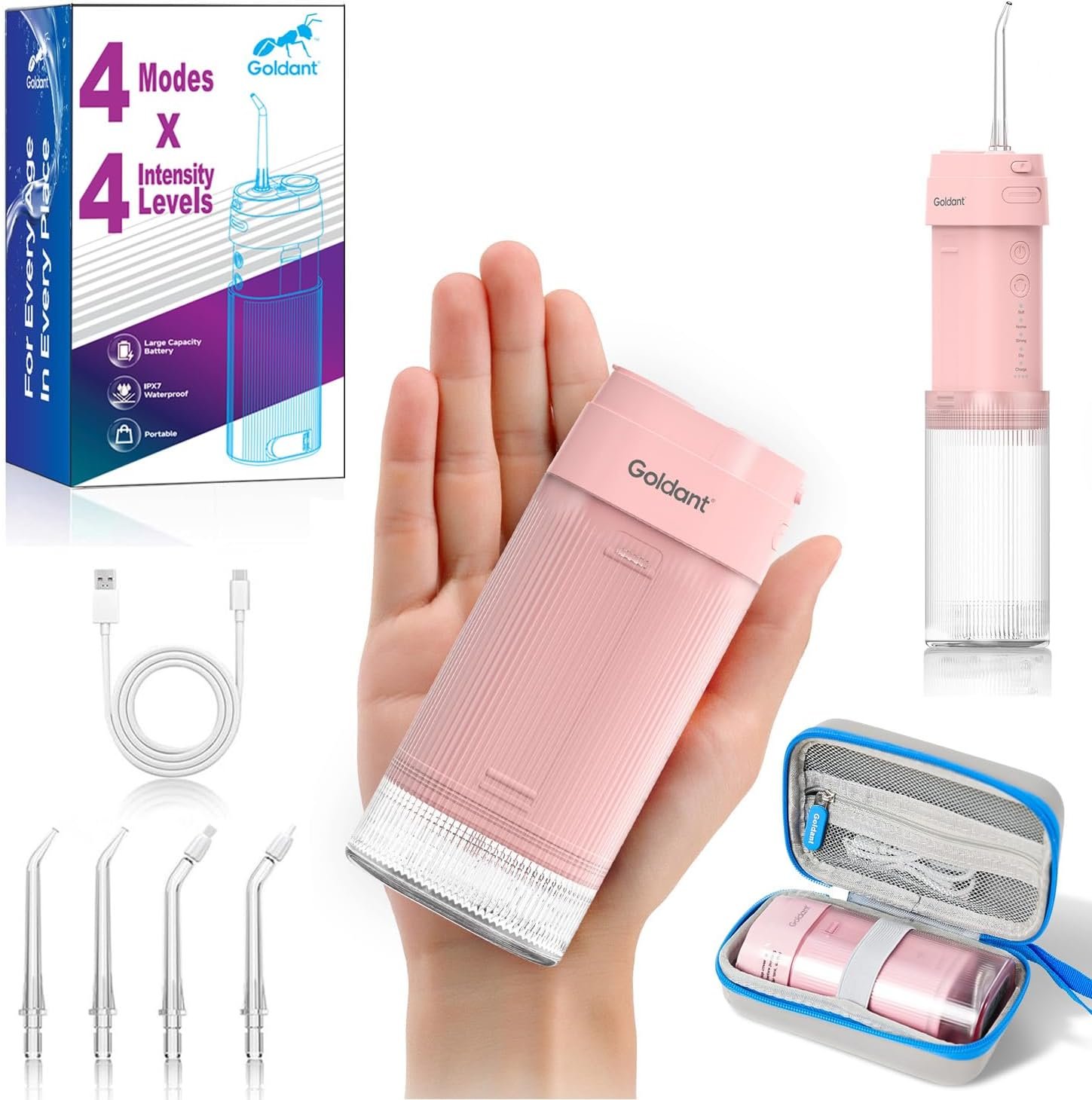 2026 New Portable Water Flosser for Teeth, 4 Modes & 4 Intensity Levels, Mini Small Design with Exquisite Travel Case, Removable Tank, IPX7 Waterproof, Cordless Dental Oral Irrigator (Pink)