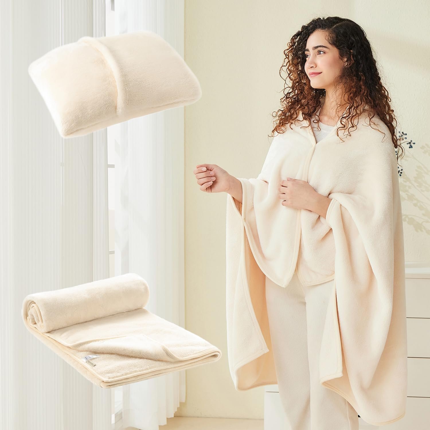 Mellowdy Shawl Blanket Pillow 2-in-1 with Sleeves for Office, Work, Home (Pearled Ivory, 40×60) – Wearable Adult Snuggie Coat Poncho, Airplane Travel Set, Fleece Shoulder Wrap for Men and Women