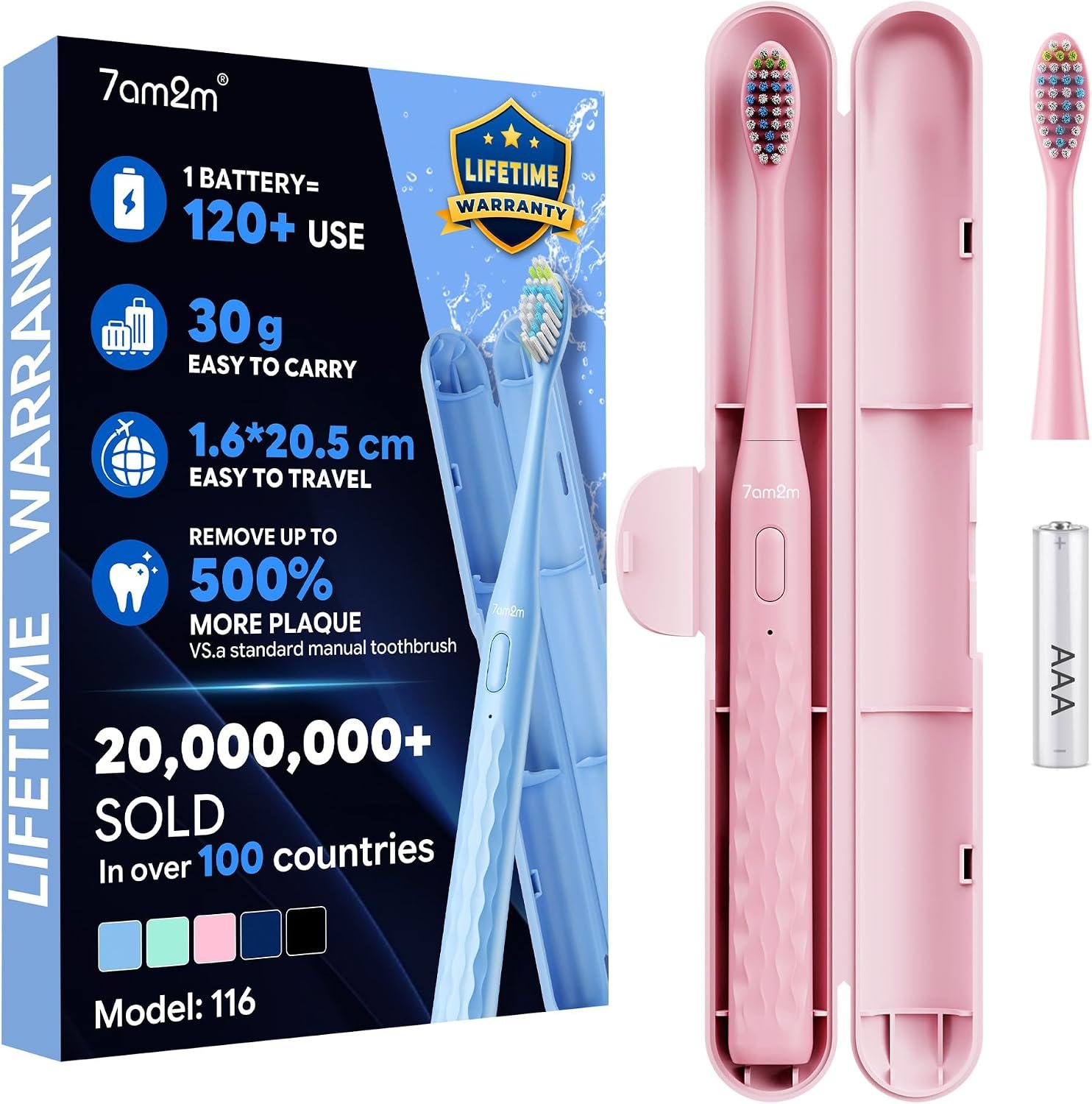 7AM2M Sonic Travel Electric Toothbrush for Adults & Kids, Travel Case&2 Brush Heads, Battery Powered Sonic Toothbrush, Compact Design for Daily/Travel Use-Pink