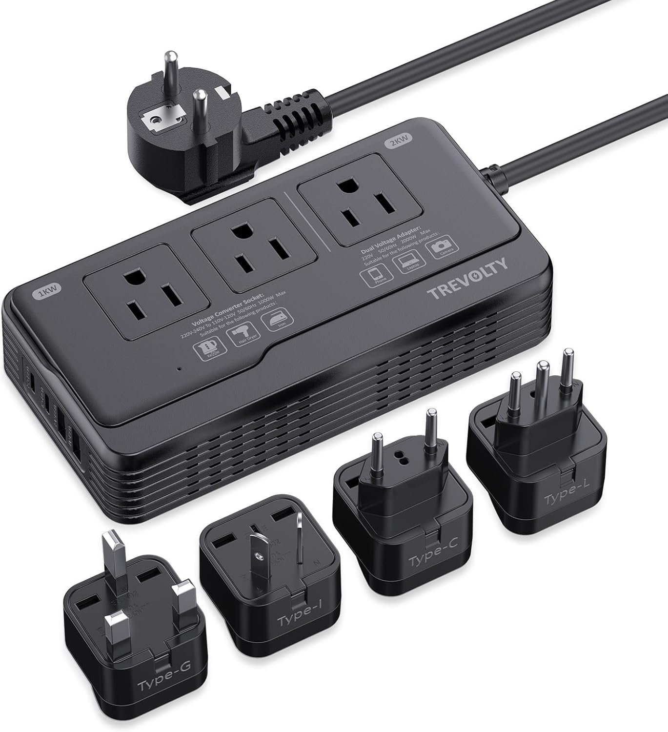 2000W Voltage Converter US to Europe for Hair Dryers, 7-in-1 220V to 110V Converter for European Travel with 3 AC/2 USBA/2 USBC Ports, Power Converter Adapter Combo with Type I/L/C/G Plugs