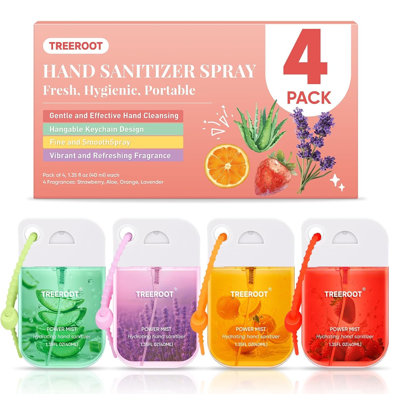 Treeroot 4 Pack Hand Sanitizer Spray, Hydrating Travel Size-Alcohol-Free