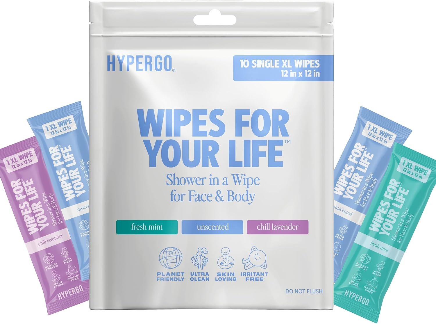 HyperGo XL Single Body Wipes for Women & Men – 12″ x12″ Rinse-Free Full Body Cleansing 10 Count Pack – Variety | Biodegradable, Hypoallergenic, Aloe-Infused | Gym, Festival, Camping Essentials
