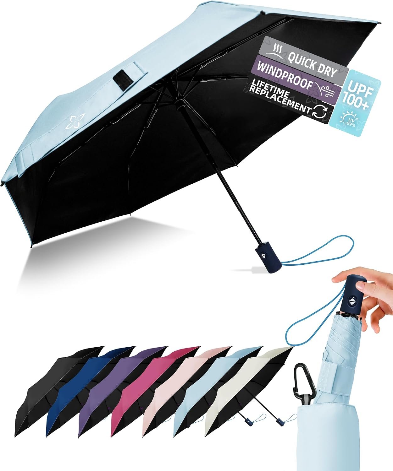 Windproof Travel Umbrella for Rain – 43″ Compact Folding Umbrella, Reinforced Strong Frame, Lightweight Portable Parasol with UPF 100+ UV Sun Protection, Cruise Ship Essentials
