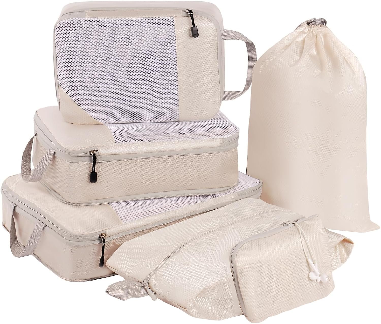 MADIKA 6 Pcs Compression Packing Cubes for Travel, Mesh Window, Beige