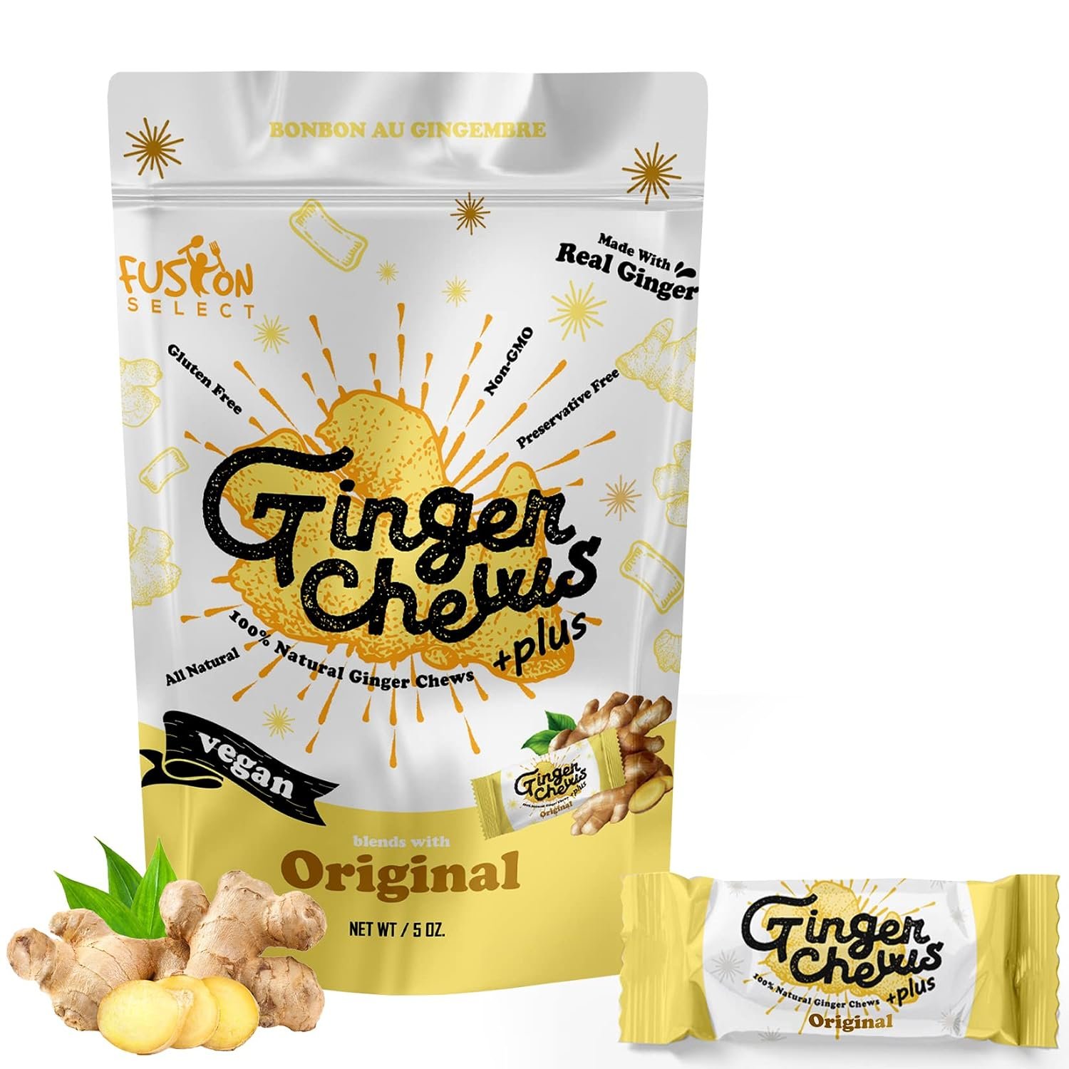 Fusion Select Original Ginger Chews – Sweet Soft Candied Delights From Indonesia – Promotes Relief From Morning Sickness, Upset Stomach – Made from Real Ginger Root, Non-GMO, Vegan Candy