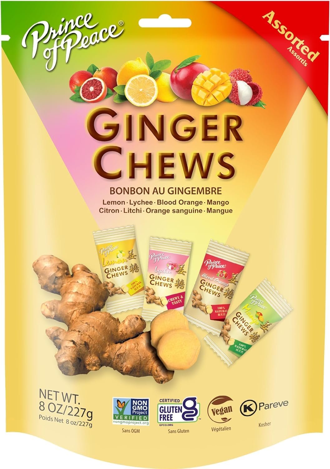 Prince of Peace Ginger Chews Assrted Flavors, 8 oz – Lemon, Lychee, Blood Orange, Mango – Candied Ginger – Candy Pack – Ginger Chews Candy – Natural Candy