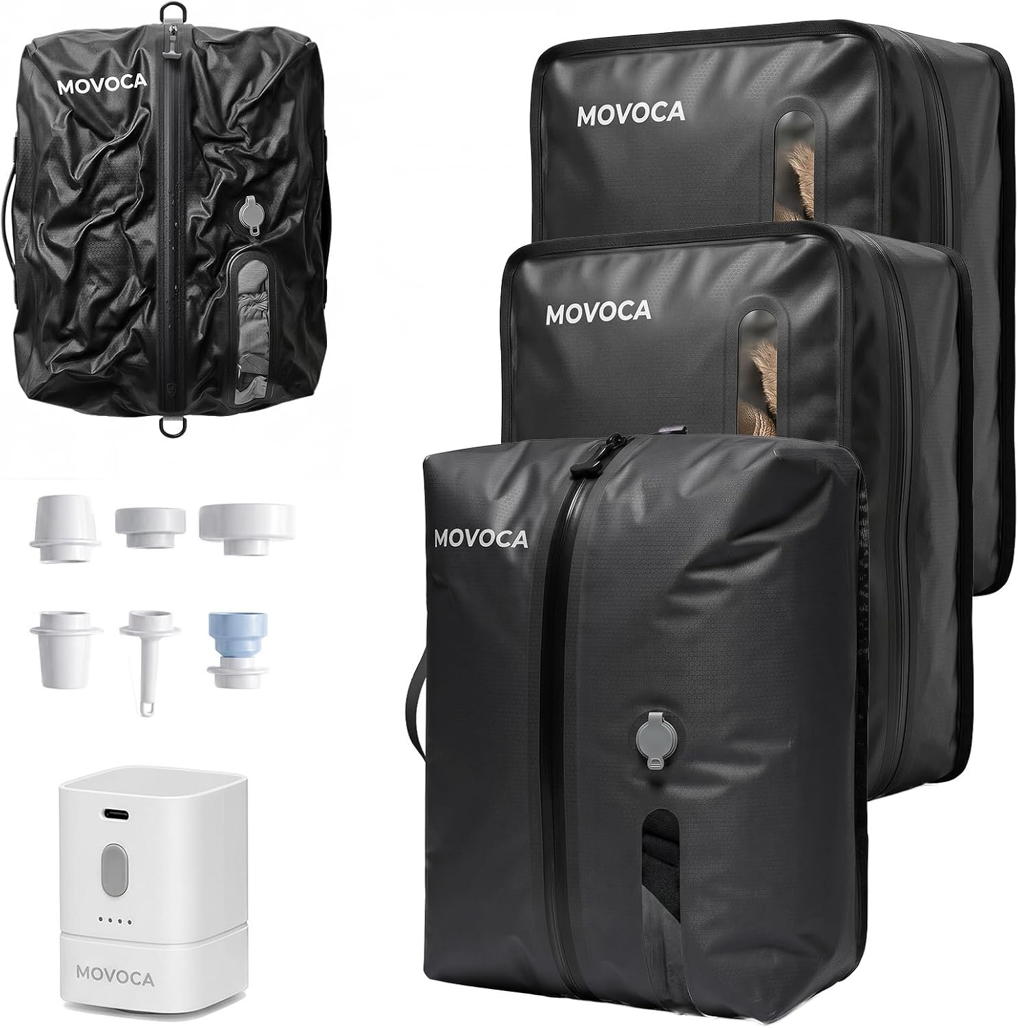 MOVOCA 3 Pack Vacuum Bags for Travel with Pump, Compression Packing Cubes