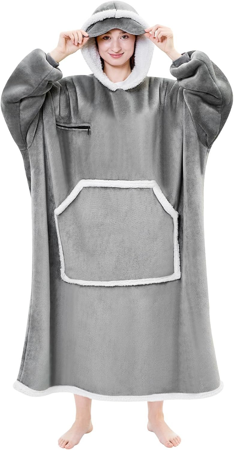 IFNOW Oversized Sherpa Wearable Blanket Hoodie for Adult with Eye Mask,Grey