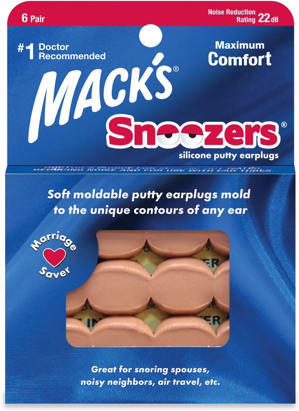 Mack’s Snoozers Silicone Putty Earplugs – 6 Pair – Comfortable, Moldable Silicone Ear Plugs for Sleeping, Snoring, Loud Noise & Traveling | Made in USA
