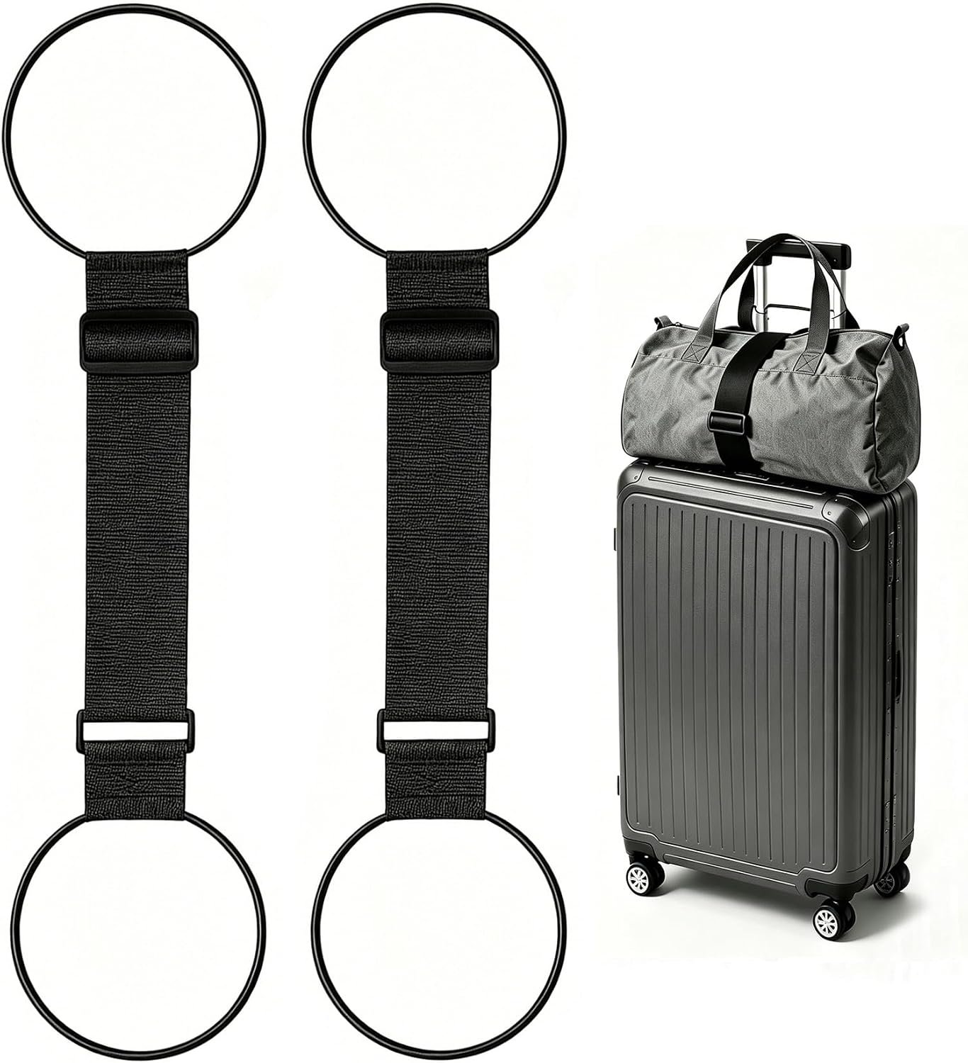Luggage Straps for Suitcases, Extended Adjustable Luggage Connector Straps, Portable Luggage Attachment Strap, Elastic Loop, Handbag Backpack Fixing Belt for Suitcase Handle (2 Black)