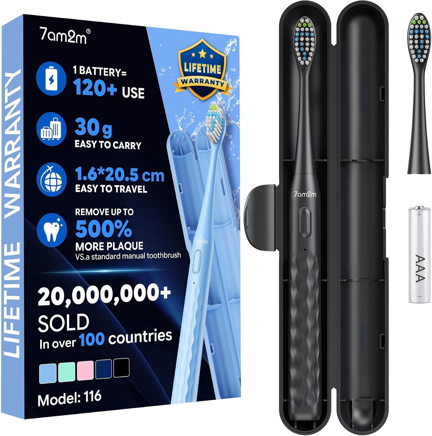 7AM2M Sonic Travel Electric Toothbrush for Adults & Kids, Travel Case&2 Brush Heads, Battery Powered Sonic Toothbrush, Compact Design for Daily/Travel Use-Black