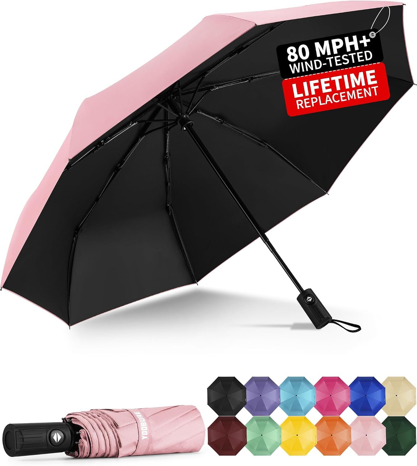 Yoobure Windproof Automatic Travel Umbrella, Compact Folding UV Sun & Rain