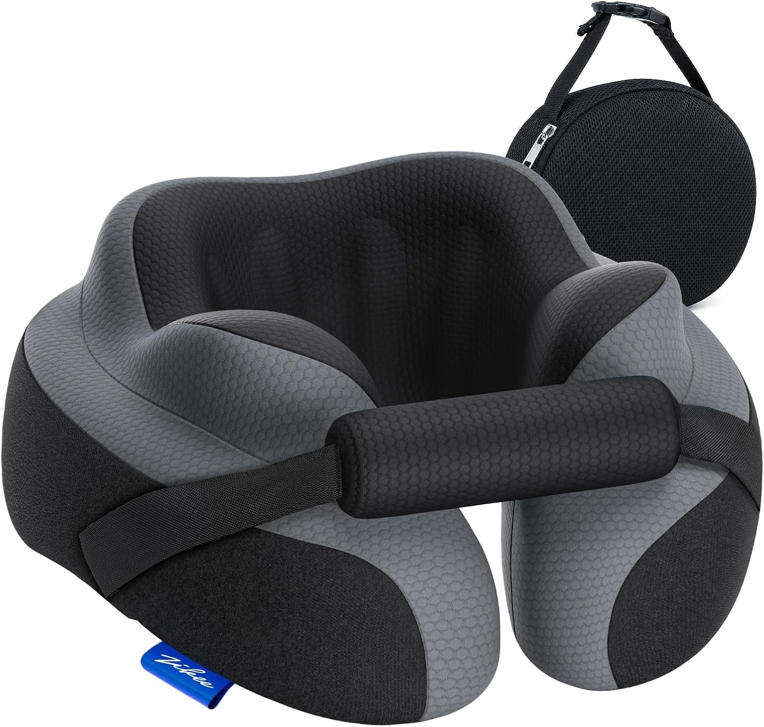 ZIKEE Travel Pillow for Airplane, Adjustable Chin Support for Stable Sleep, Ergonomic Neck Pillow to Support Head & Neck on Flights, Ear-Friendly Memory Foam Airplane Pillow, Carry Case, Airy Cover