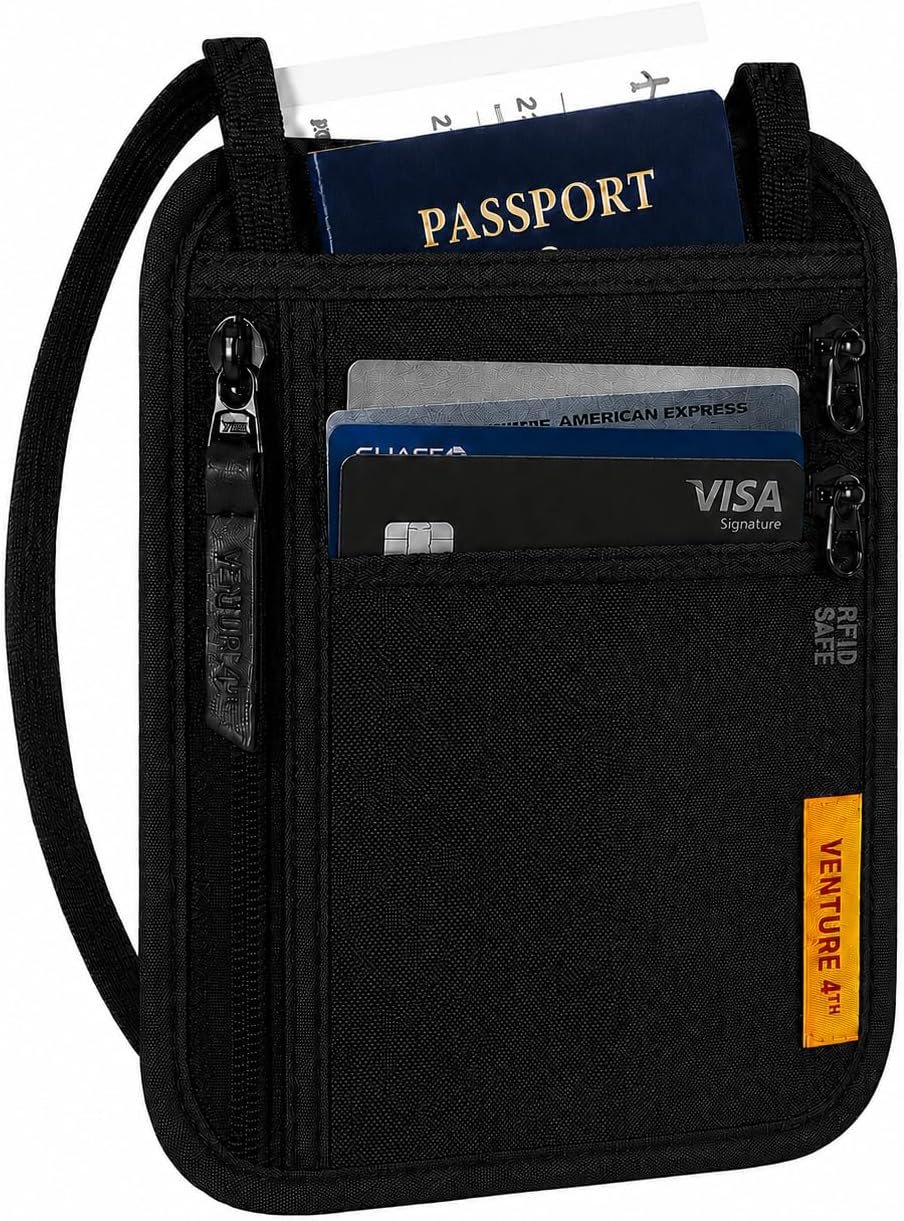 VENTURE 4TH Slim Neck Wallet, RFID Blocking Passport Holder – Black