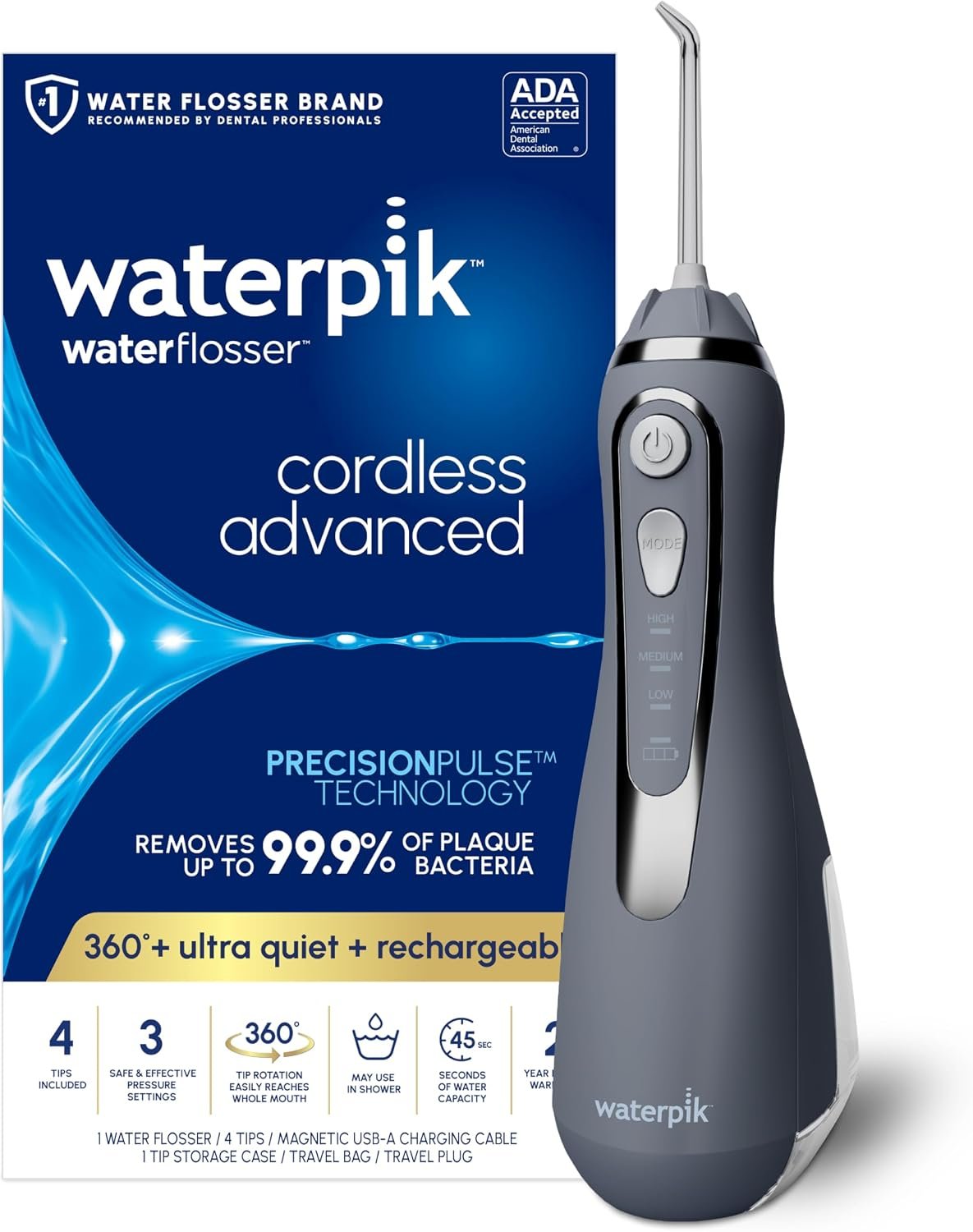 Waterpik Cordless Advanced Portable Water Flosser, Rechargeable, Gray