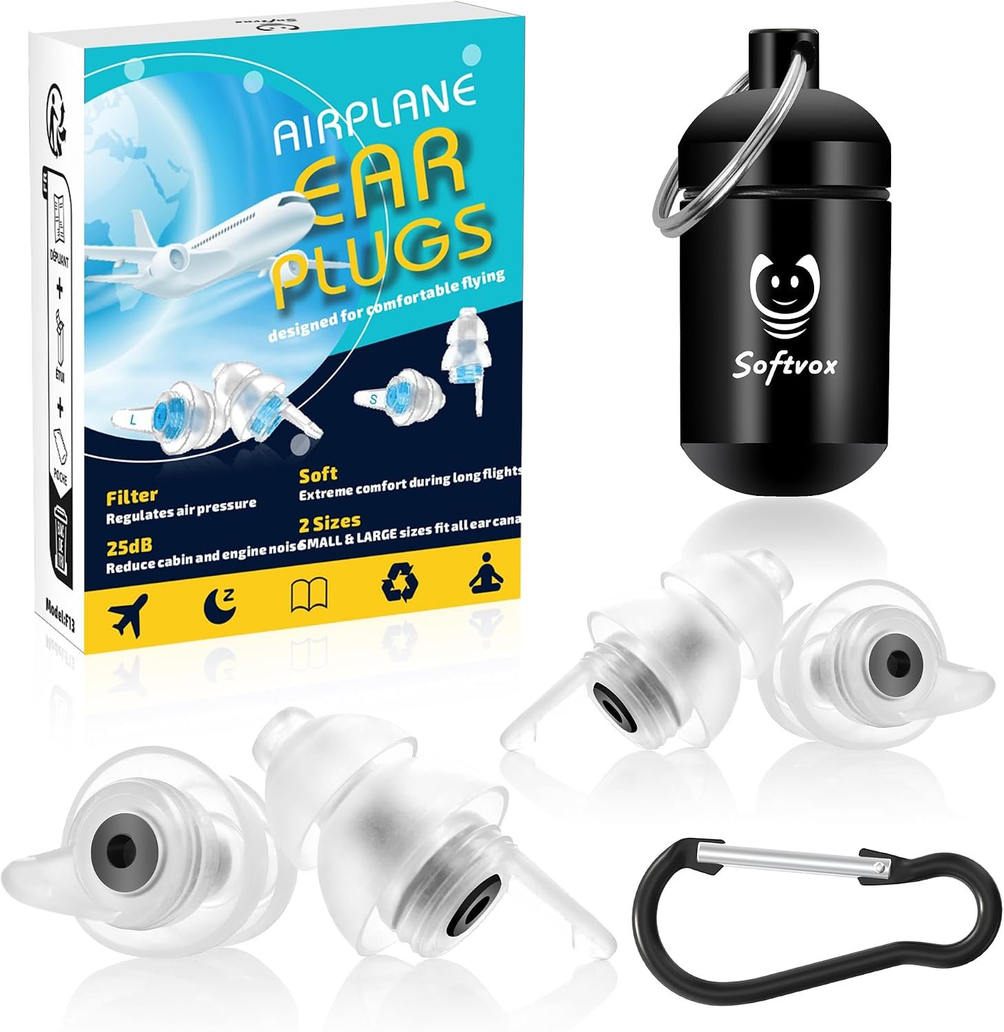Airplane Ear Plugs 2 Pairs, Prevent Discomfort Pressure Equalizing Earplugs, Flying Travel Essentials, 100x Reusable Flight Plane Earbuds for Adults Kids 12+, 2 Sizes, 25 dB Noise Reduction