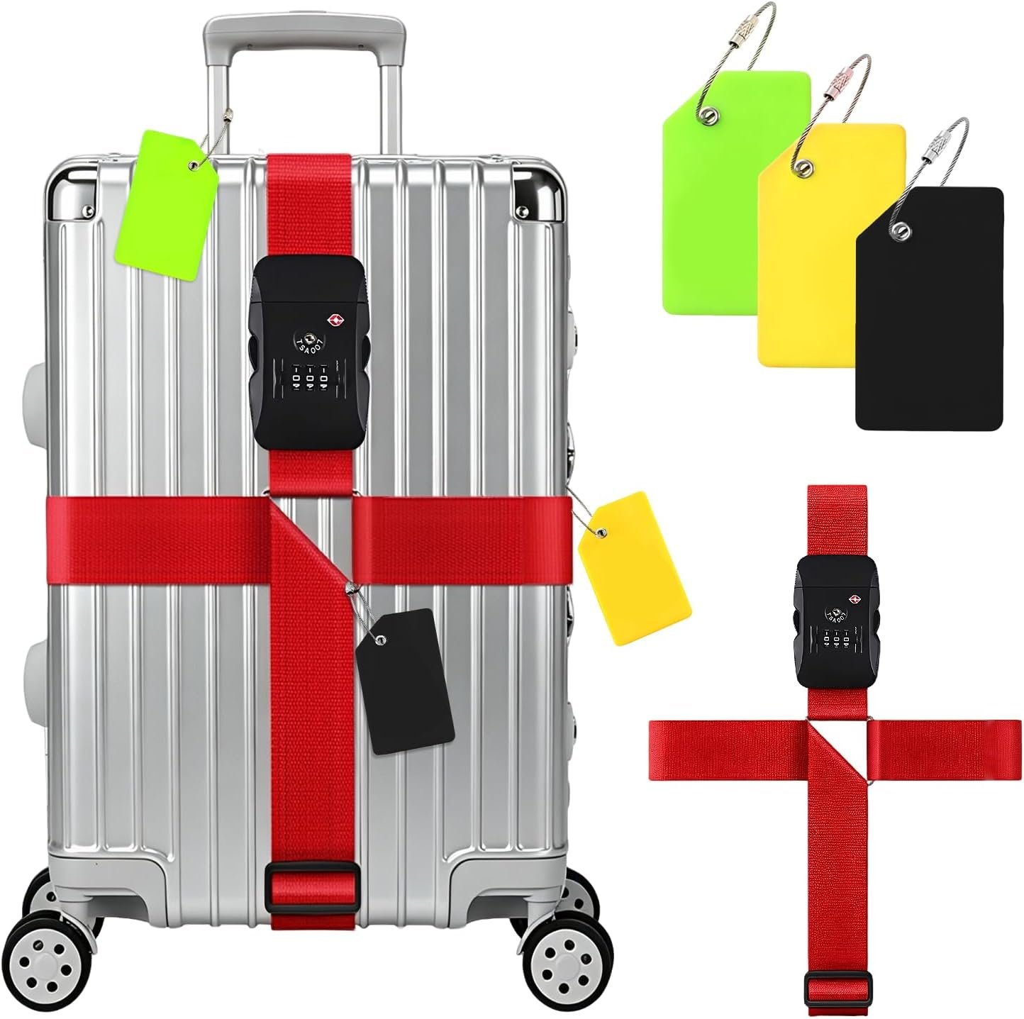 Luggage Straps for Suitcases with TSA-Approved Lock, Includes 3 Luggage Tags, Adjustable Heavy-Duty Travel Strap Belt Connector, Anti-Snap Reinforced Buckle