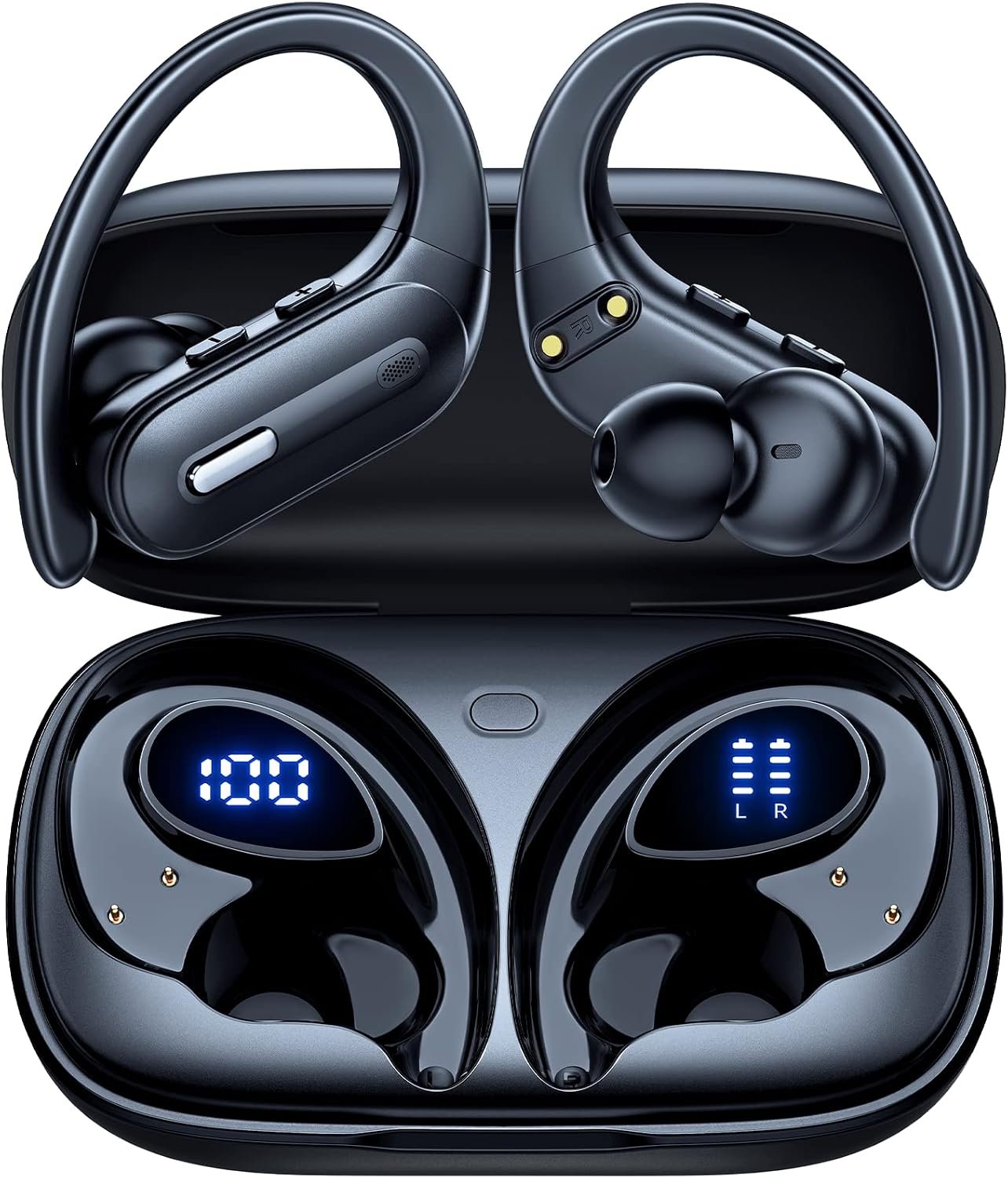 Active Noise Cancelling Ear Buds Wireless Earbuds 90 Hrs Playtime Bluetooth Headphones with Power Display Case Hi-Fi Stereo Bass Over-Ear Earphones with Waterproof Transparency Headset for Gym/Sports
