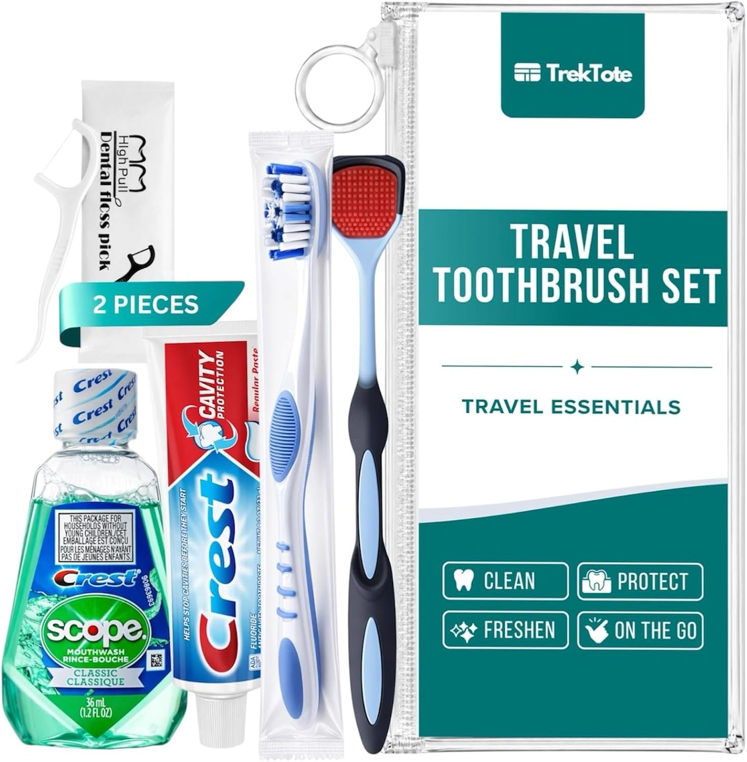Travel Toothbrush Set with Name Brand Toothpaste, Mouthwash & Floss Picks