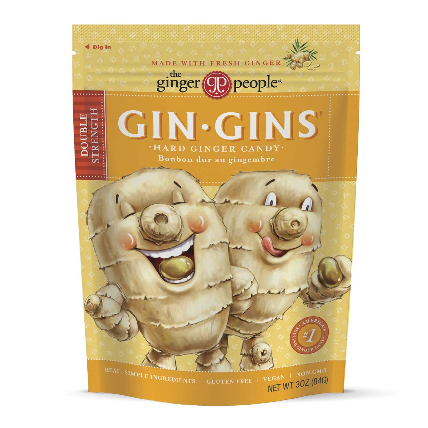 GIN GINS Double Strength Ginger Hard Candy – 100% Natural Candy by The Ginger People – Individually Wrapped Healthy Treats – Made with the Fresh Rhizome – 3oz Bag – Pack of 1