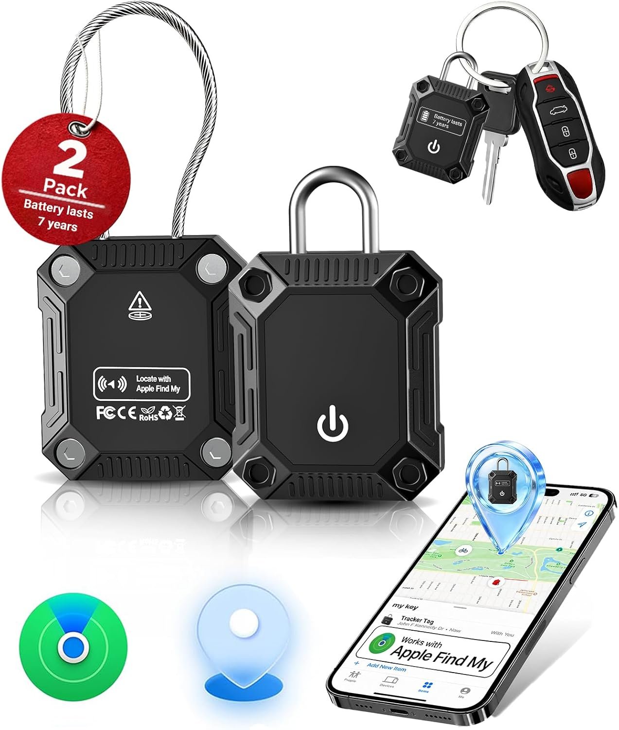 Tracker Tag 2 Pack(iOS Only), Bluetooth Trackers for Apple Find My, 7-Year Battery Life, IP68 Waterproof, Item Finders Smart Tag for Keys, Luggage, Backpack-[Apple MFi Certified]