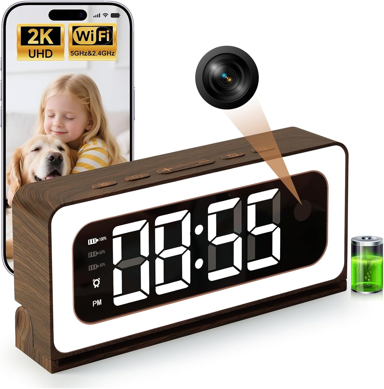 Clock Camera,Wood Grain,5G/2.4GHz WiFi Nanny Cam w/Alarm,2K Indoor Secuirty Camera,Color Night Vision,Dimmable Night Light, AI Human Detection,5200mAh Rechargeable Battery,SD & Cloud Storage,Pet,Baby