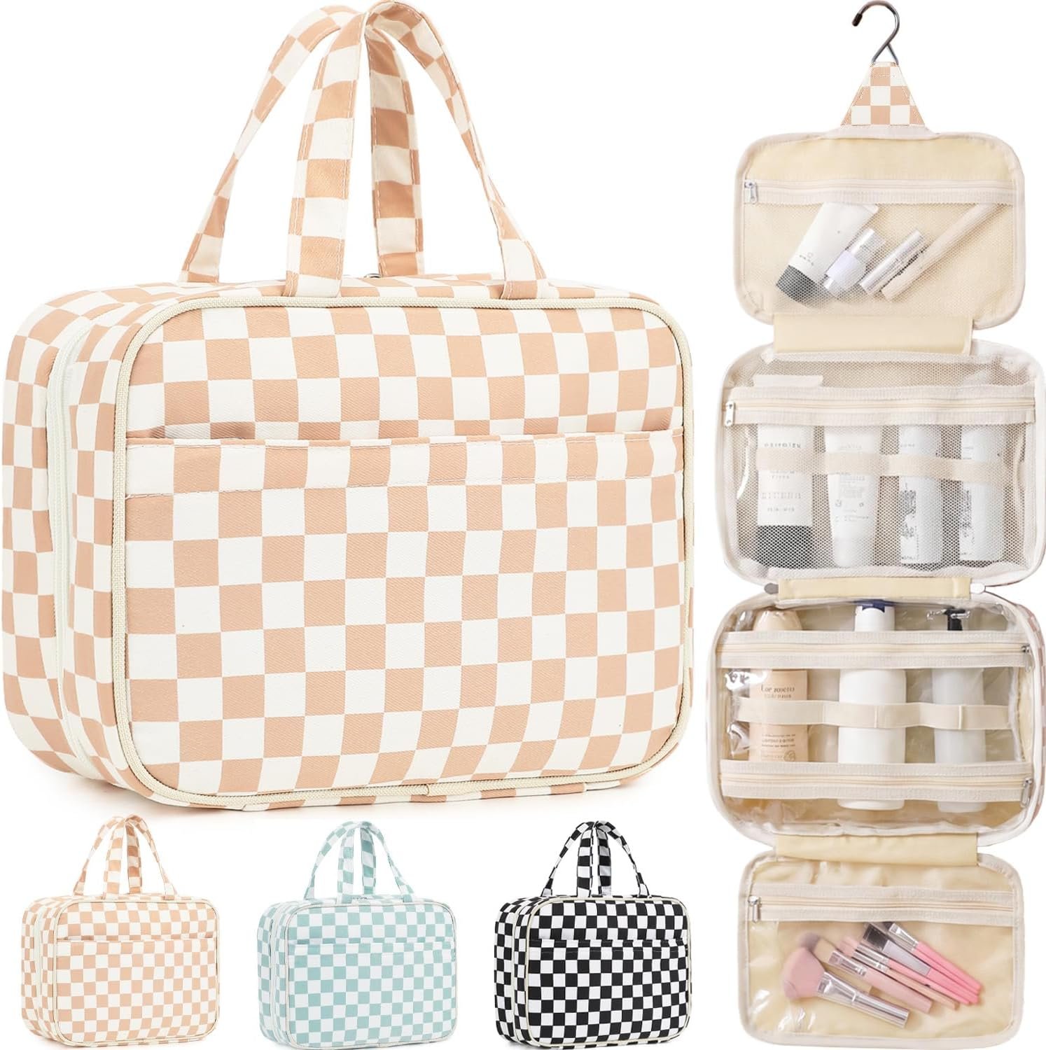 Fammart Hanging Travel Toiletry Bag for Women, Waterproof Travel Essentials with Hook, Multi-compartment Checkered Makeup Cosmetic Bag Organizer for Accessories, Shampoo, Leakproof Wet Dry Separation