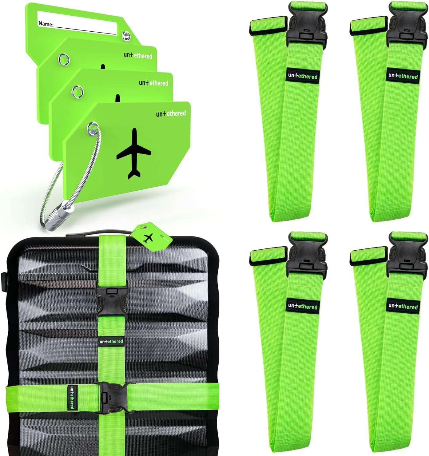 Untethered Travel Set: Luggage Straps & Silicone Tags, 4-Pack, Green