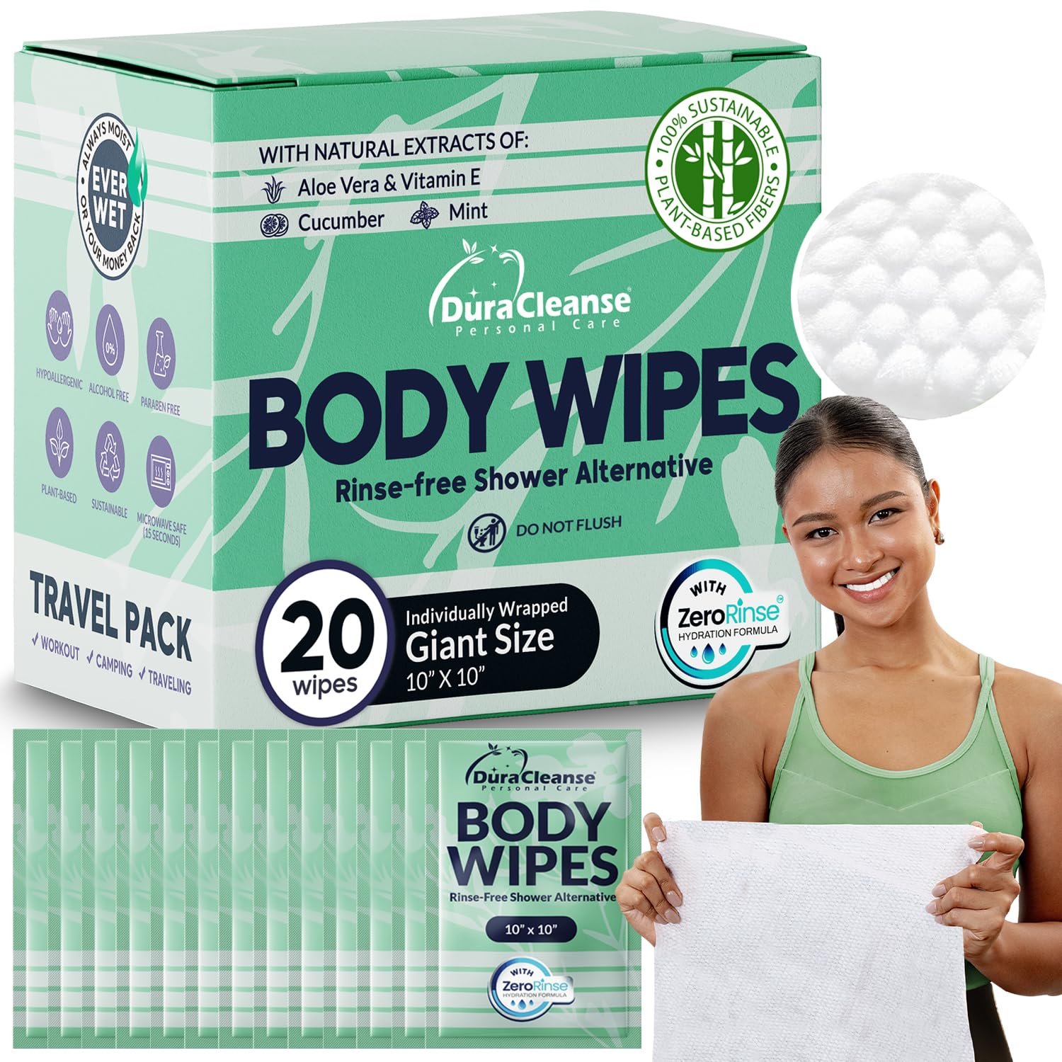 XL Travel Body Wipes for Women – 10″x10″ Rinse-Free Bathing Wipes – 20ct