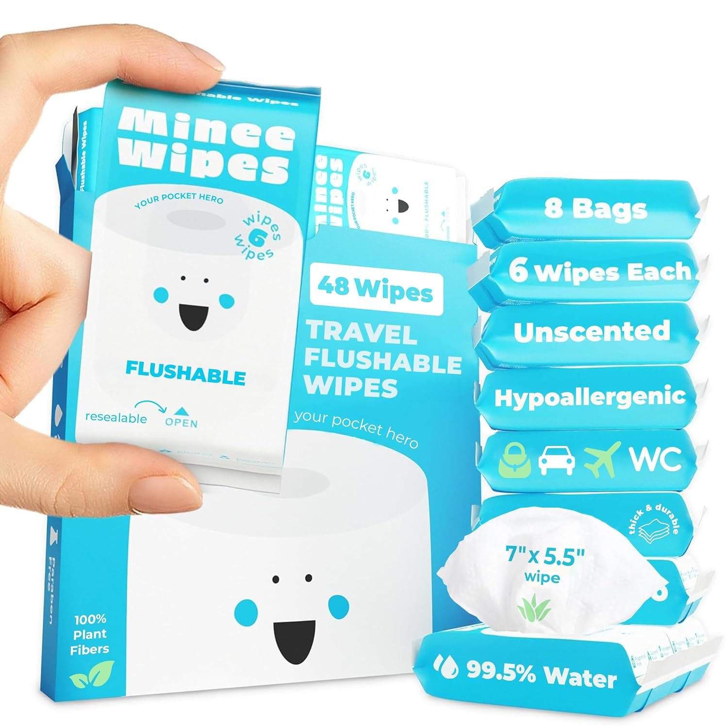 Impossibly Compact Travel Flushable Wipes – 99.5% Water and Aloe – Safe for Sensitive Skin & Hypoallergenic – Travel Essentials for Adults & Kids, Unscented, 8 Pack 48 Wipes