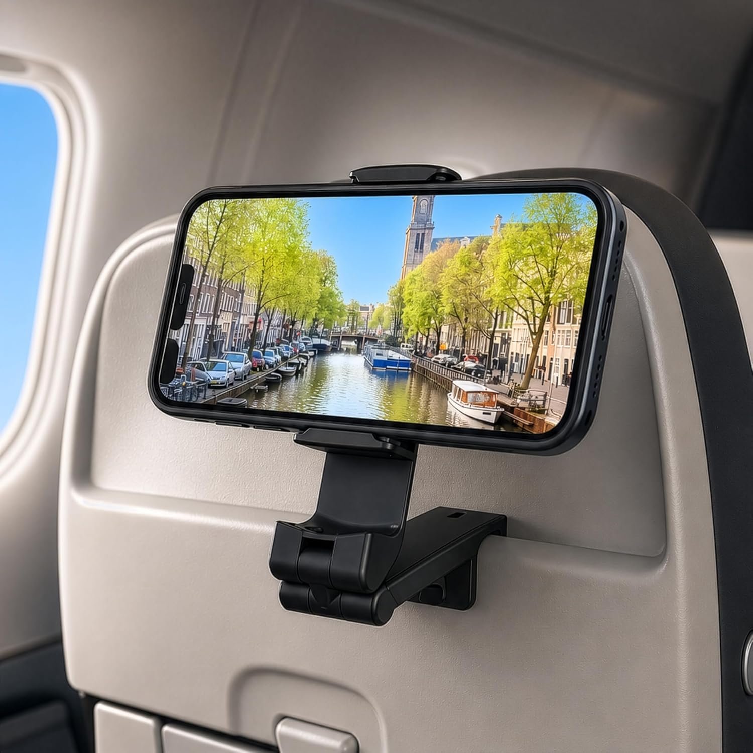 Hands-Free Airplane Phone Holder – Eye-Level Travel Mount for Flight Tray Table, Portable Clip-On Stand for Desk, Train, Luggage – Travel Essentials