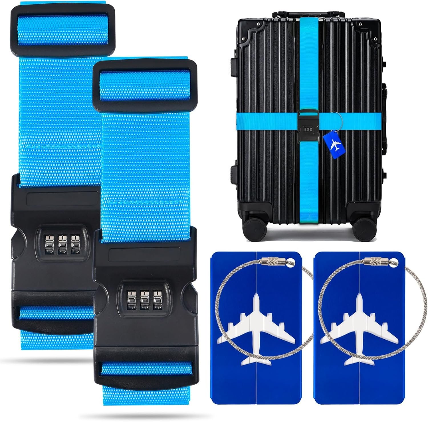 BILIONE 2 Pack Luggage Straps for Suitcase w/Password Lock & Tags (Blue)